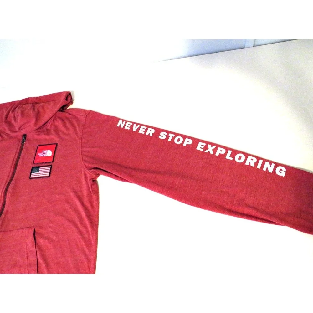 The North Face Men's Medium Zip Hoodie Red Heather Never Stop Exploring USA Flag